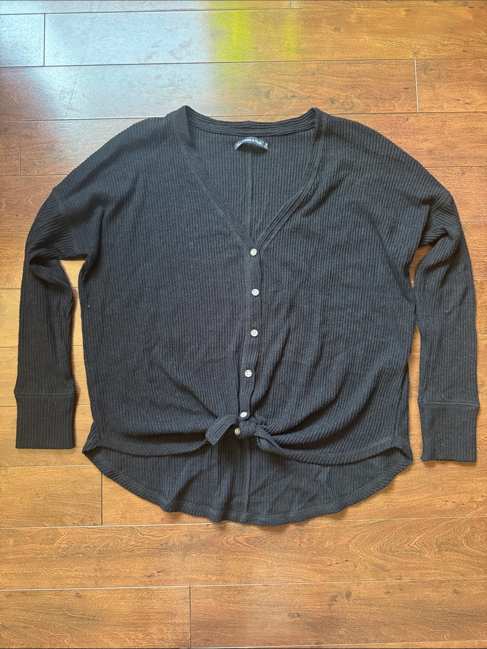 Abercrombie & Fitch Cozy Ribbed Button-Front Tie Hem Top